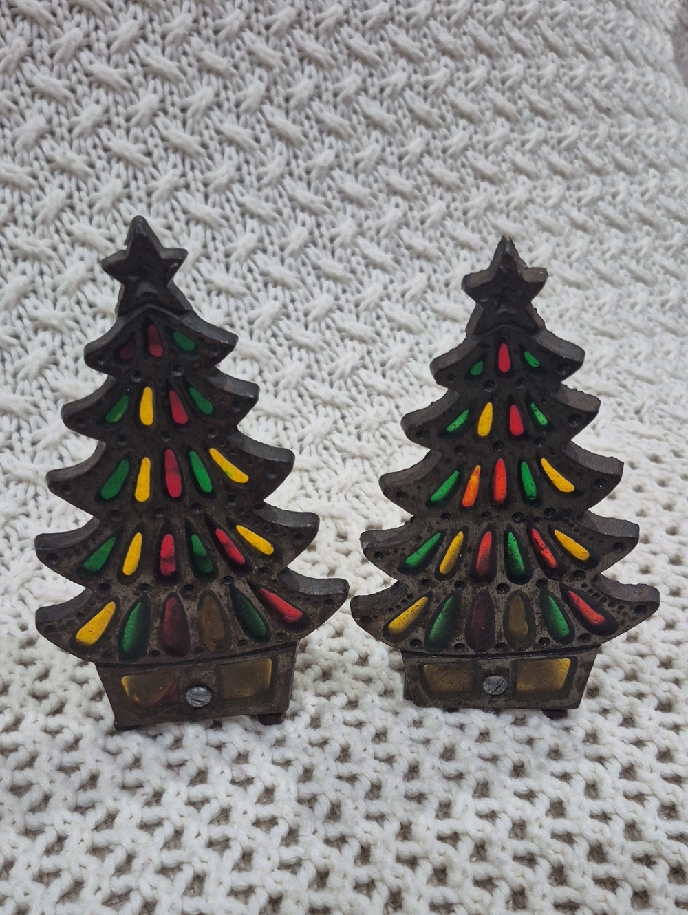 Vintage Cast Iron Christmas Candle Holders Decoration Set Of Two.